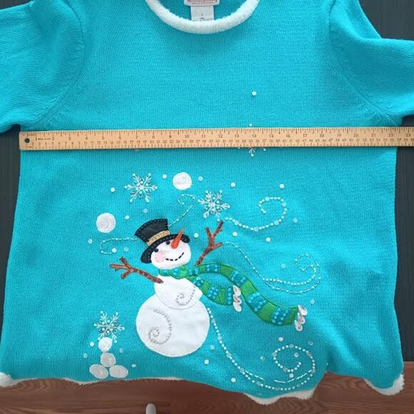 QUACKER FACTORY WOMEN'S LIGHT UP CHRISTMAS SWEATER TURQUOISE WHITE SNOWMAN LARGE - Picture 3 of 6